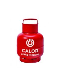 A red Calor 3.9kg Propane gas bottle with a handle to carry